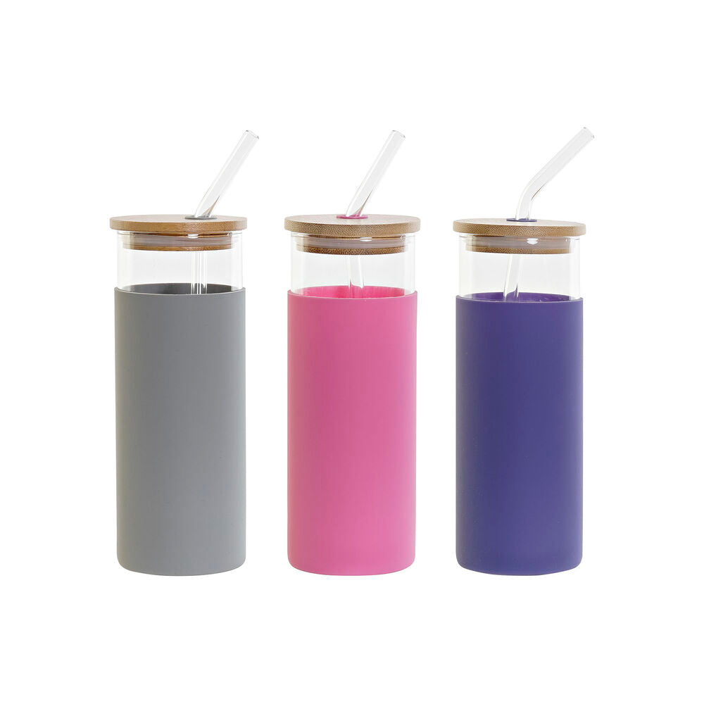 Pullo DKD Home Decor Harmaa Pinkki Laivastonsininen Bambu Borosilikaattilasi (3 pcs) (450 ml)